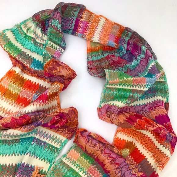 Tolani Multicolored Stripe ZigZag Pattern Ruched Fringe Scarf - Picture 4 of 12